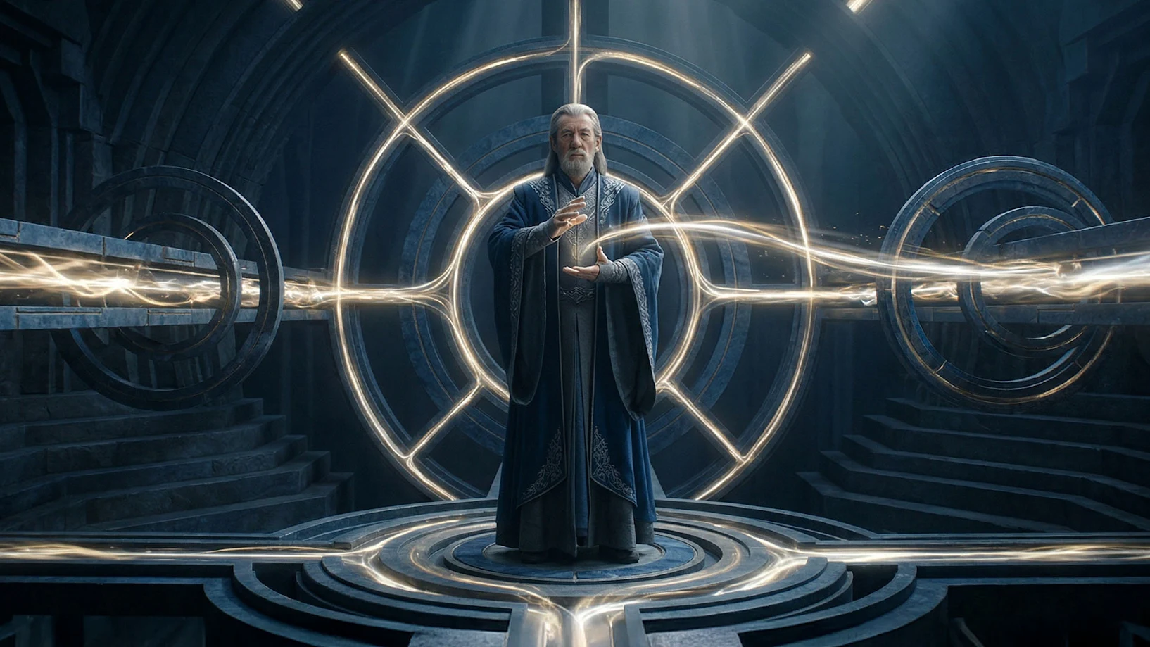 Estrategista em salão futurista com feixes de luz